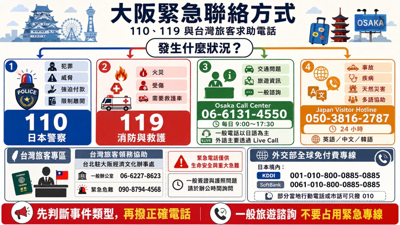 大阪遇到緊急狀況怎麼辦:報警與聯絡方式