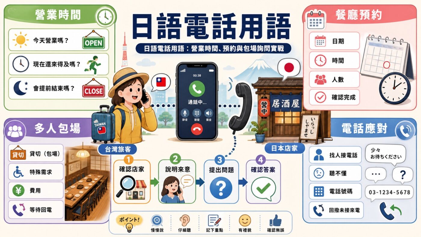 日語電話用語:營業時間、預約與包場詢問實戰