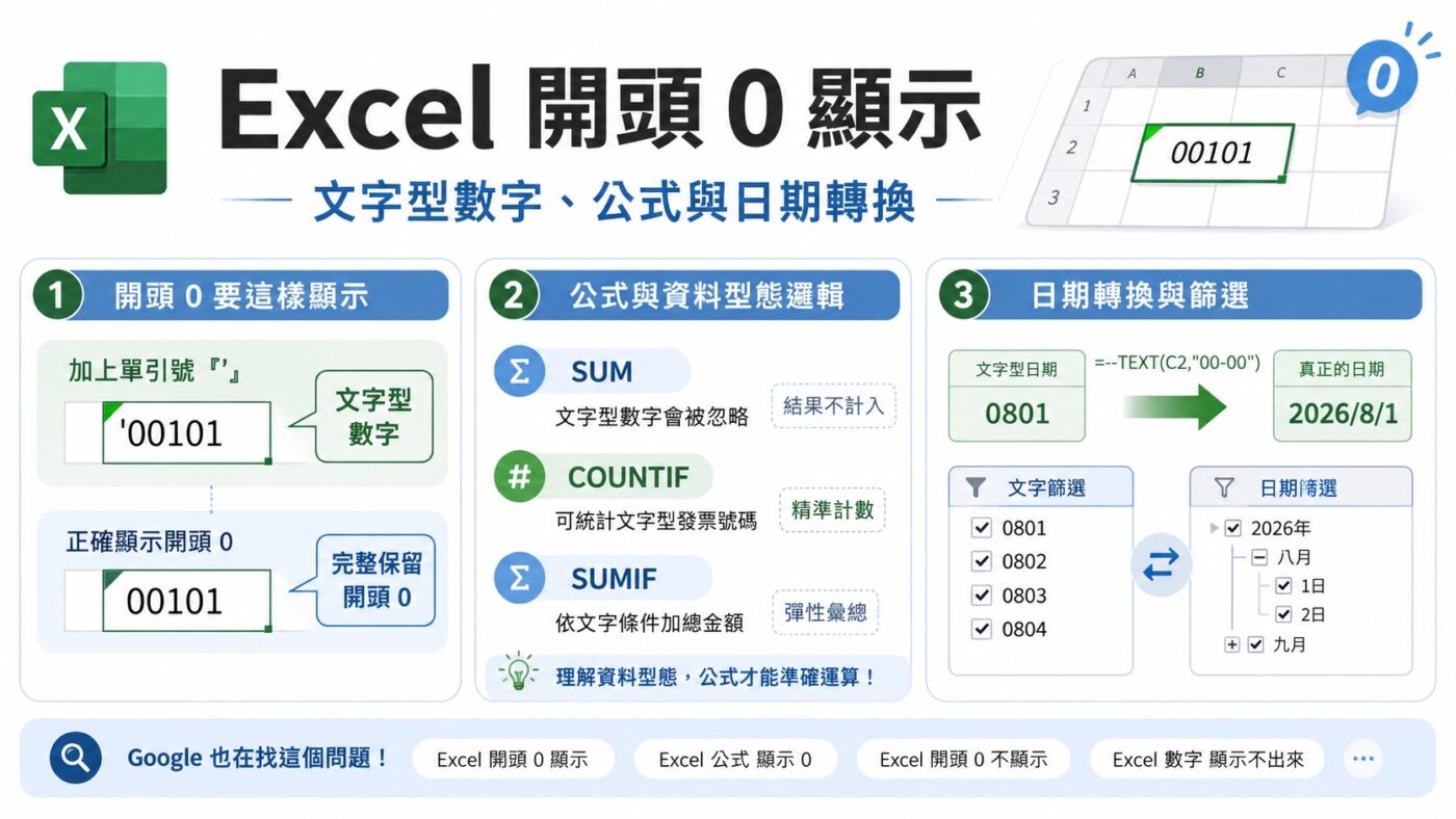 Excel 開頭 0 顯示:文字型數字、公式與日期轉換