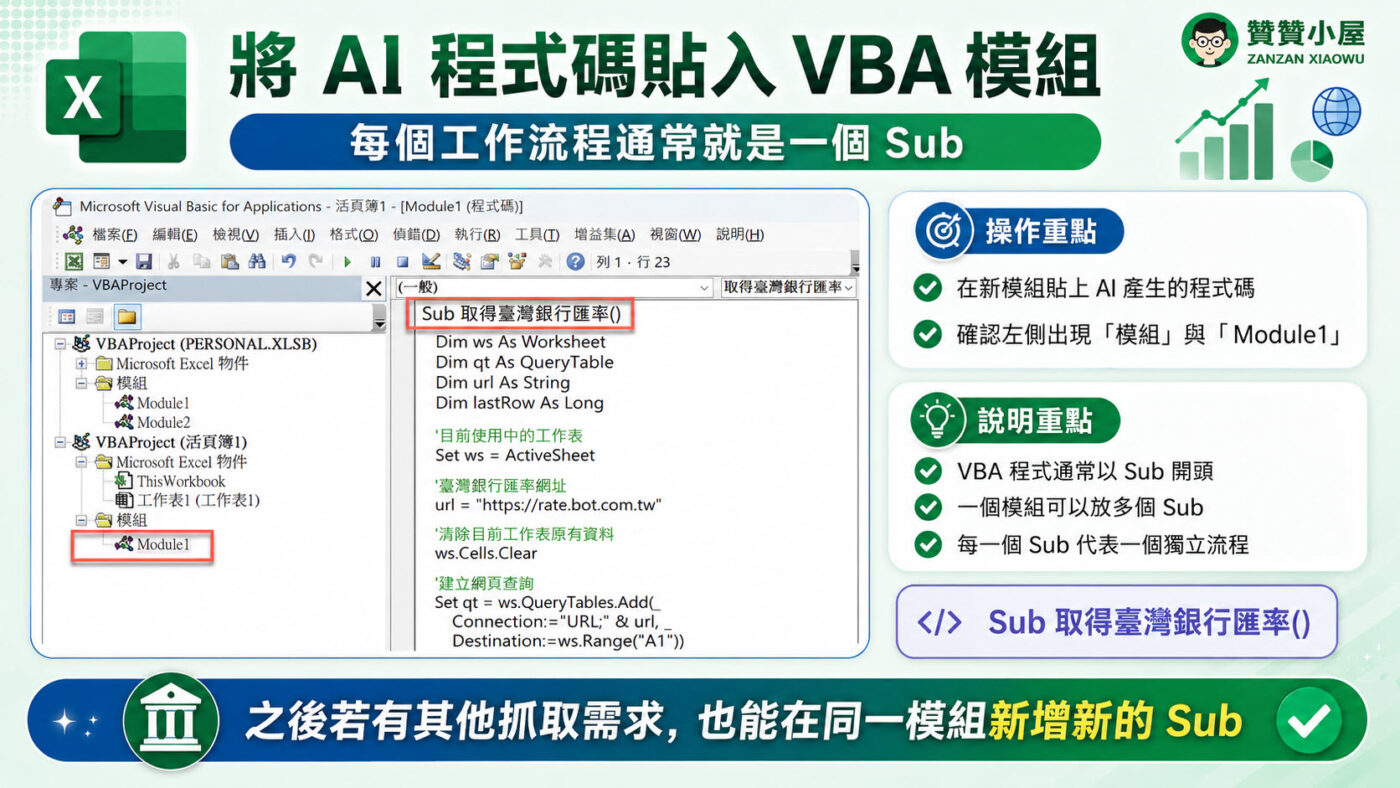 將 AI 程式碼貼入 VBA 模組重點整理