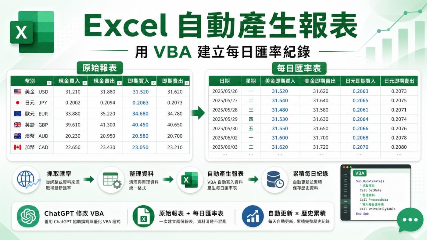 Excel 自動產生報表:用 VBA 建立每日匯率紀錄