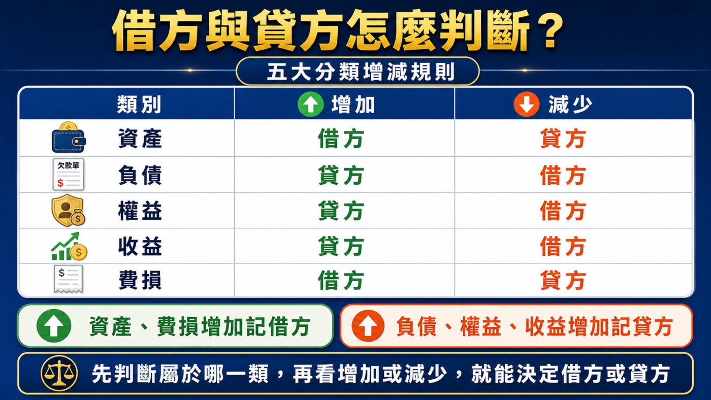 借方與貸方怎麼判斷?五大分類增減規則整理