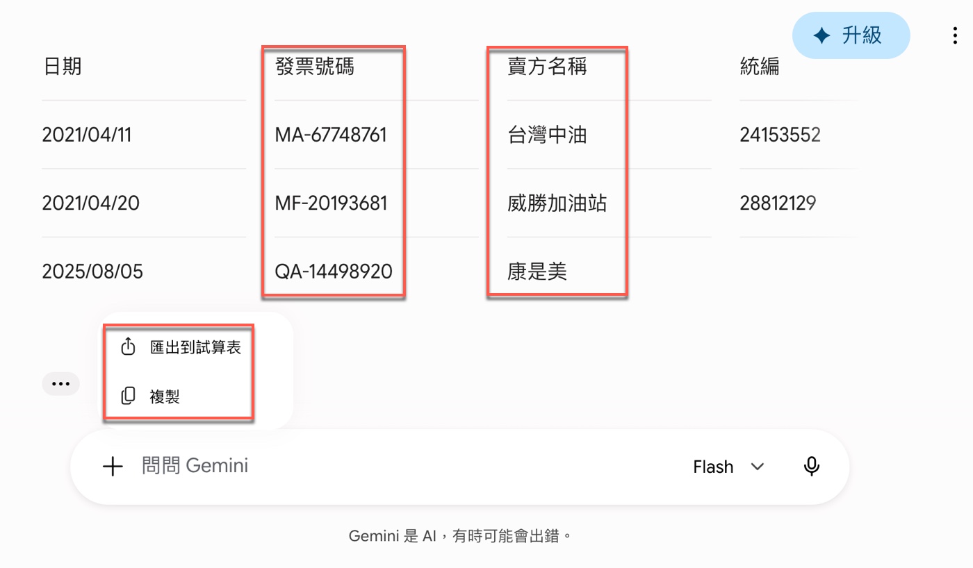 六、實測結果:Gemini 如何將多張發票整理成試算表