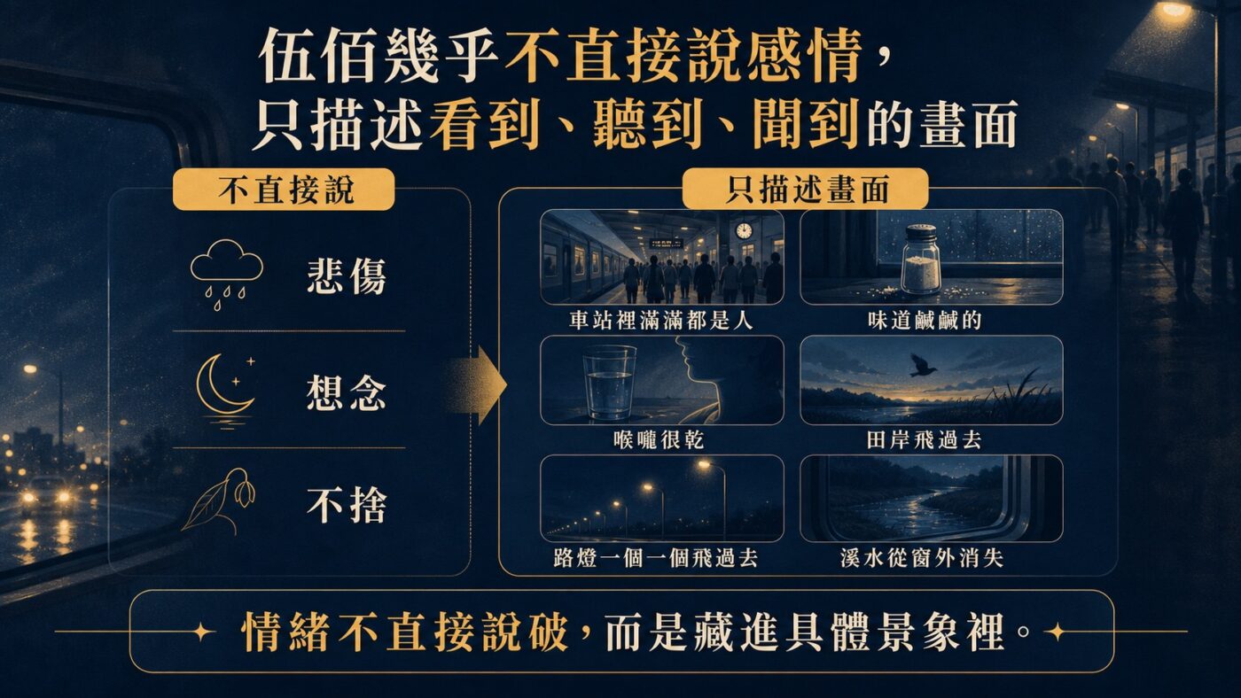 伍佰幾乎不直接說感情,只描述看到、聽到、聞到的畫面9