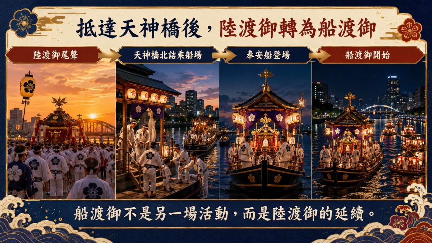 抵達天神橋後,陸渡御轉為船渡御 9