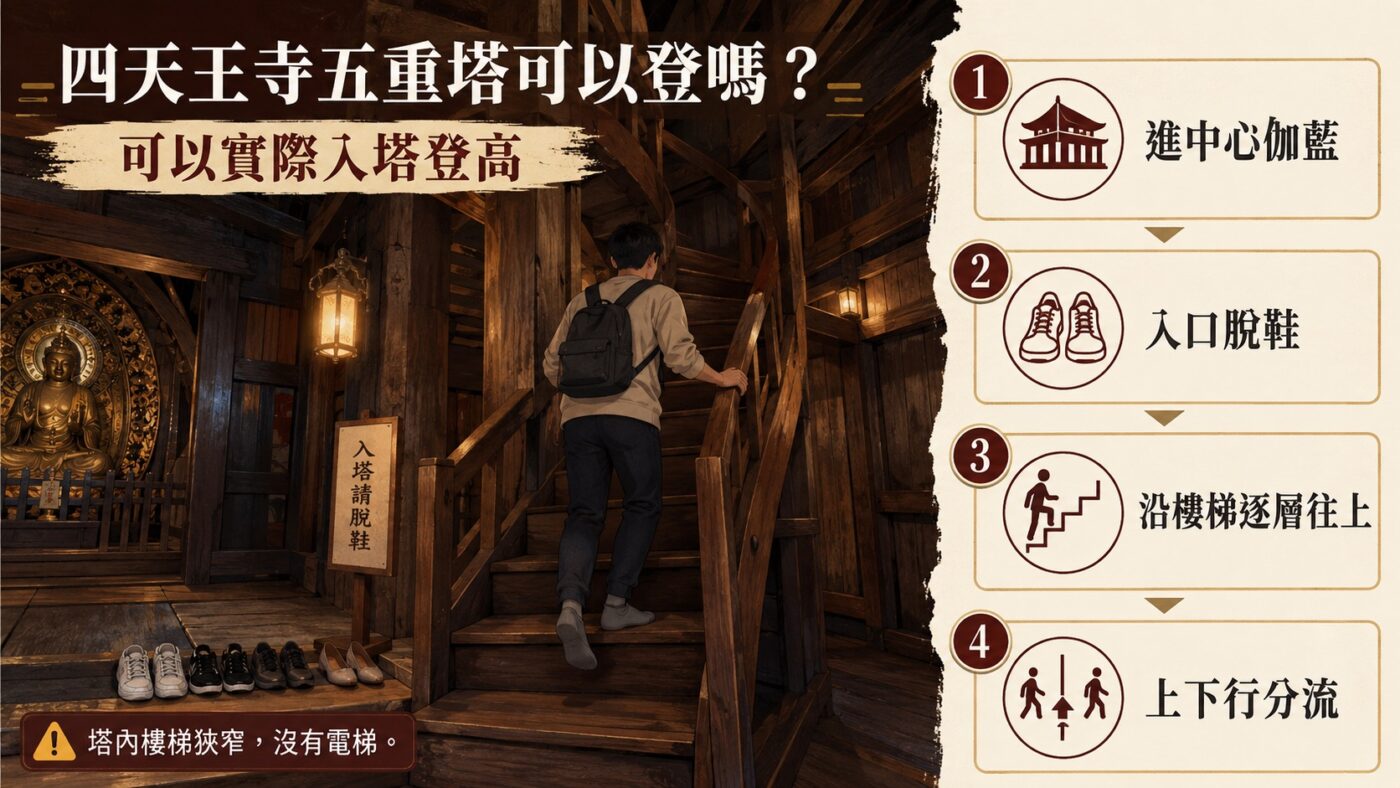 四天王寺五重塔登塔流程知識卡:進中心伽藍、入口脫鞋、沿樓梯逐層往上、上下行分流