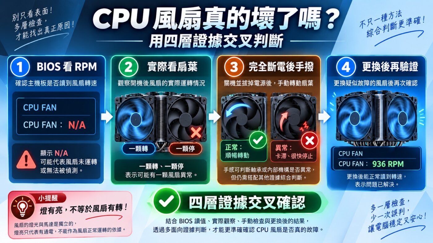 CPU 風扇有燈卻不轉,怎麼判斷風扇真的壞了?(知識卡)