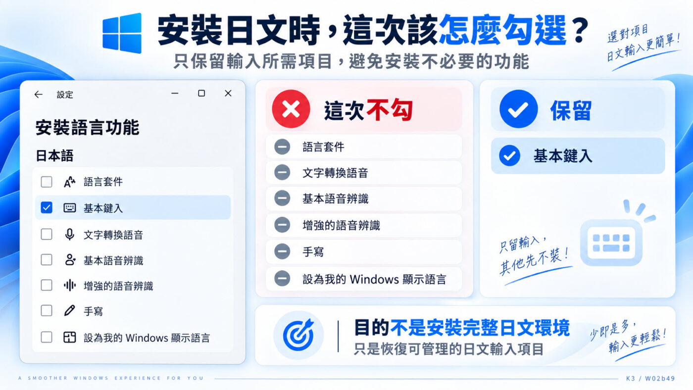 安裝日文時只保留基本鍵入（知識卡）
