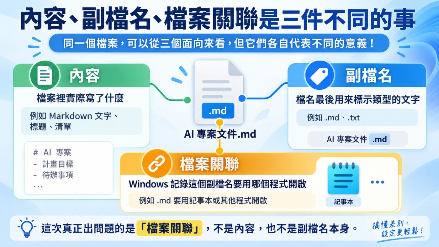 Win11 預設開啟程式是什麼？MD 檔案可以用記事本嗎（知識卡）：內容、副檔名、檔案關聯是三件不同的事