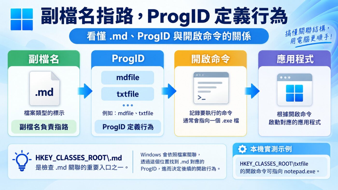 如何用登錄編輯程式檢查 MD 檔案關聯（知識卡）：副檔名指路，ProgID 定義行為